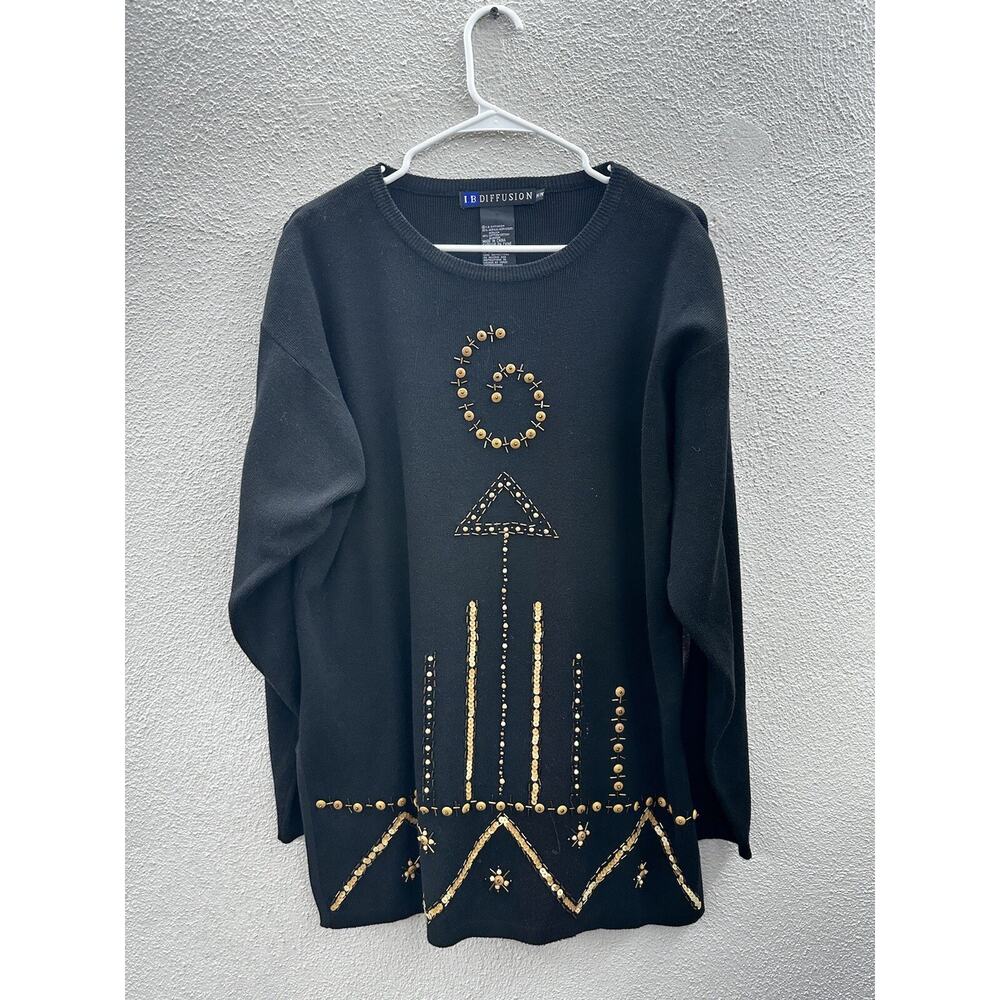 IB Diffusion Womens Sweater Size Medium Black Beaded Sequin Design Vintage